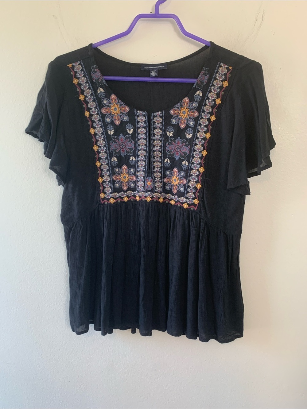 Black Embroidered Flutter-Sleeve Peasant Blouse